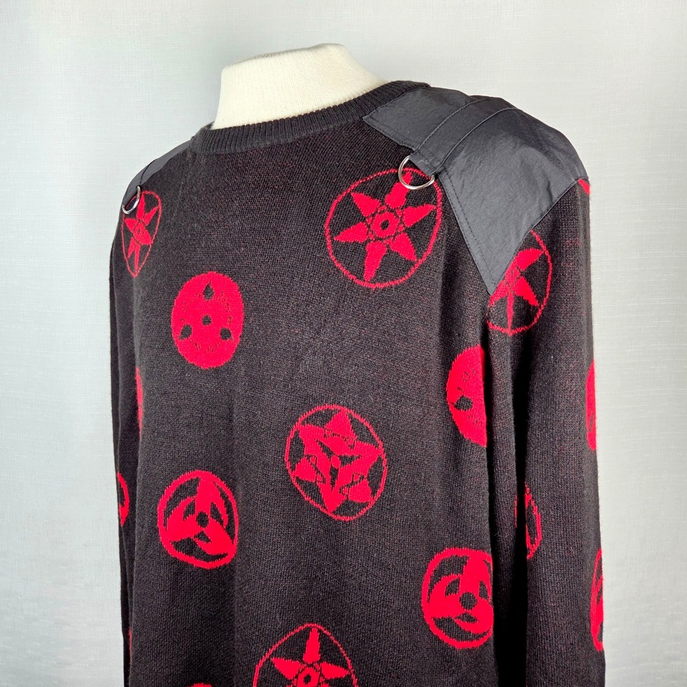 Naruto Shippuden Sharingan Icons Knit Sweater Men's XL Black/Red Shoulder Patch